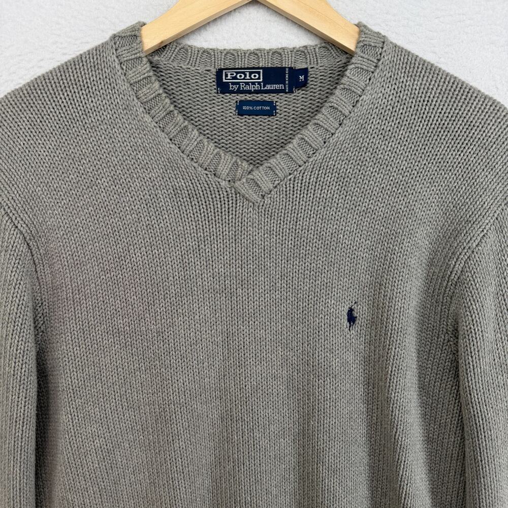 Vintage POLO RALPH LAUREN Sweater Mens M V-Neck Pullover Cotton Gray Hong Kong